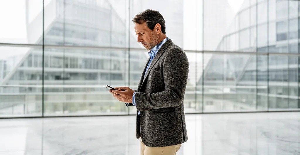 Professionnel consultant son téléphone pour prise de rendez-vous dentaire dans un hall moderne à La Défense