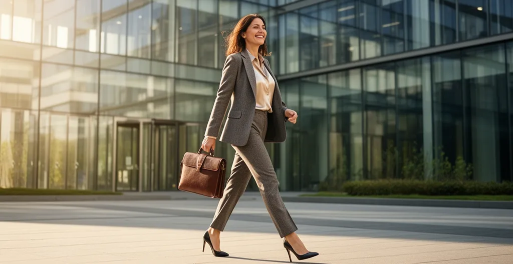 Femme professionnelle marchant d'un pas décidé près d'un immeuble moderne après rendez-vous dentaire